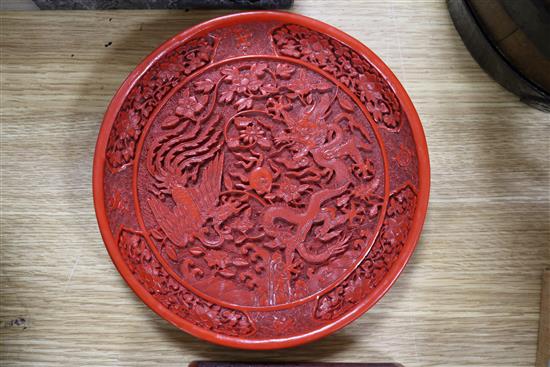 A Chinese box and cover and a circular dish